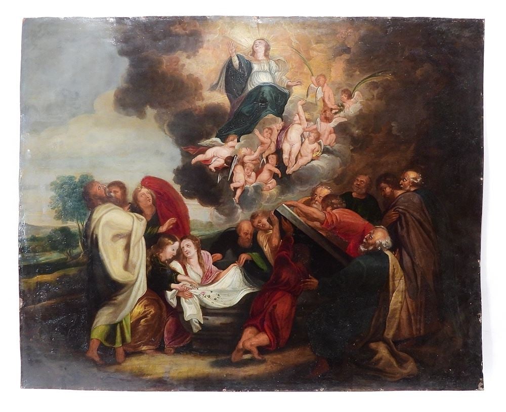 Early 18th C. European School Oil on Copper, 29 7/8 x 37" "The Assumption of the Virgin".: Early 18th C. European School Oil on Copper, 29 7/8 x 37" "The Assumption of the Virgin".