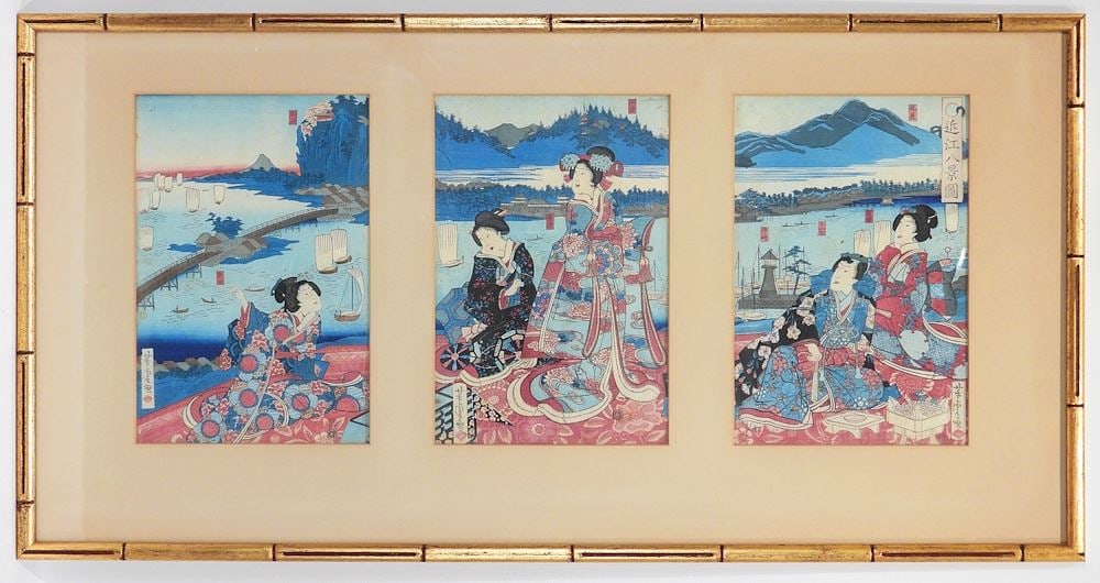 Woodblock Triptych by Utagawa Kunisada, each 13 1/4 x 9" "Figures Overlooking Bay".: Woodblock Triptych by Utagawa Kunisada, each 13 1/4 x 9" "Figures Overlooking Bay".