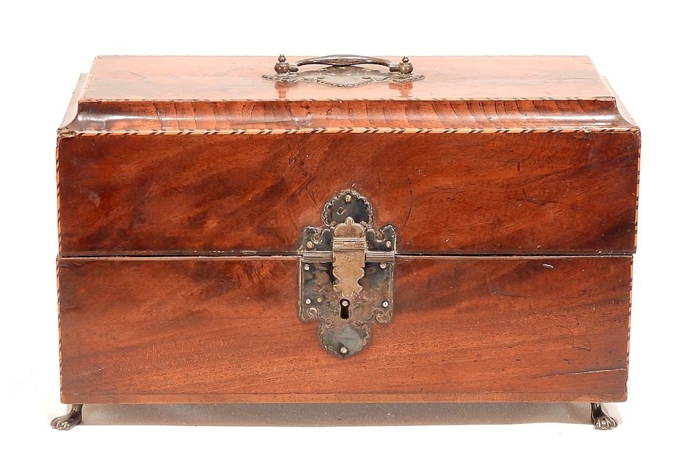 Early 19th C. Herringbone Banded Mahogany Tea Caddy w/Marked Fittings (1 of 5)
