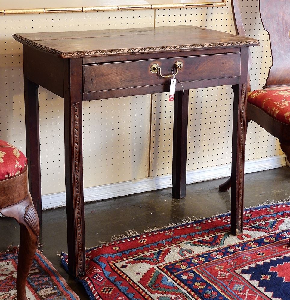 18th C. English Oak Single Drawer Table w/Carved Features, 28 3/8 x 28 3/4" x 18 5/8". (1 of 2)