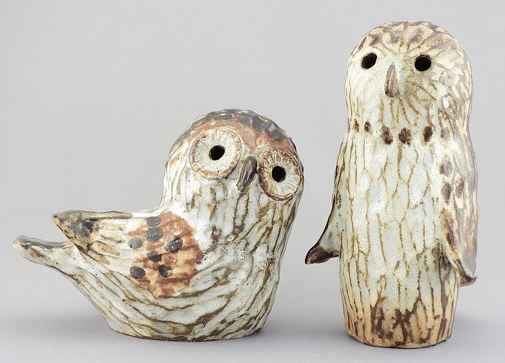 Two Stoneware Owls Monogrammed TK (Thomas Kakinuma), 5 1/2 & 8"h.: Two Stoneware Owls Monogrammed TK (Thomas Kakinuma), 5 1/2 & 8"h.