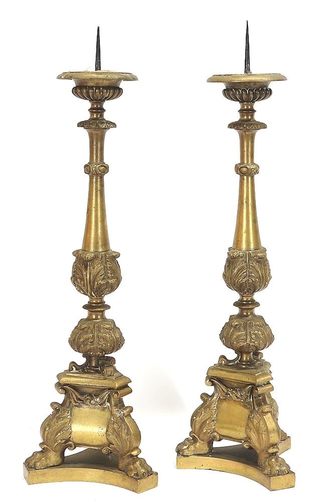 Pair of Bronze Pricket Candlesticks w/Crowned Monogram, 19"h, TW 5977g (loss noted). (1 of 6)