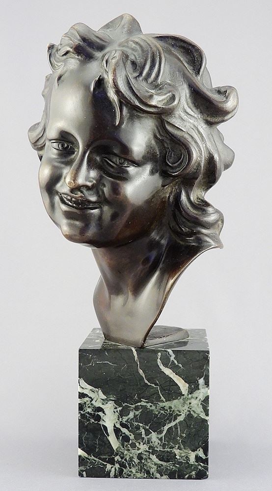 Bronze Bust signed J.B. (Jean Baptiste) Carpeaux, 12 1/2"h, "Buste D'Enfant".: Bronze Bust signed J.B. (Jean Baptiste) Carpeaux, 12 1/2"h, "Buste D'Enfant".