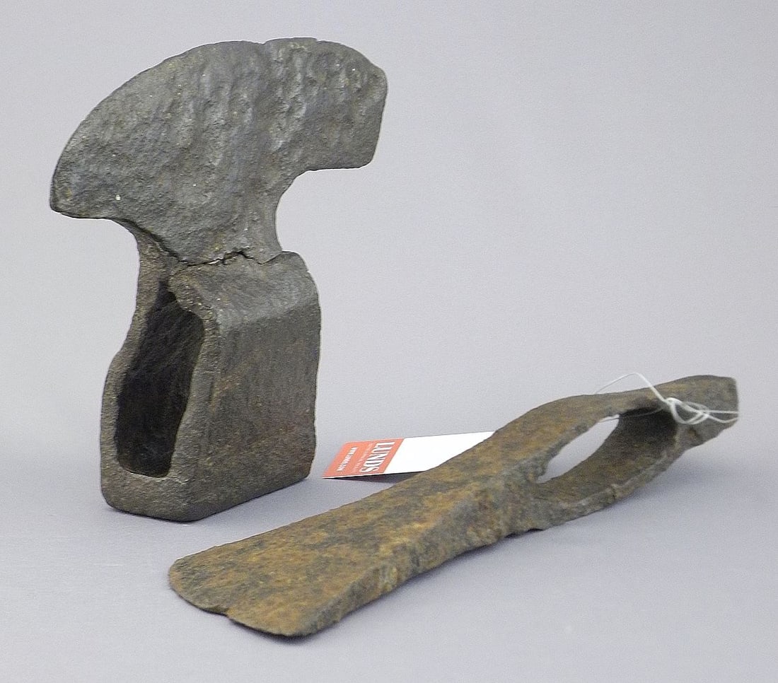 Two Medieval Iron Axe Heads: 5 1/2"L /873g & 9"L/575g. (1 of 6)