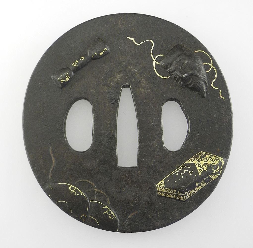 Japanese Edo Forged Iron Tsuba w/Gilt Features, 2 7/8 x 2 3/4", 130g. (1 of 4)