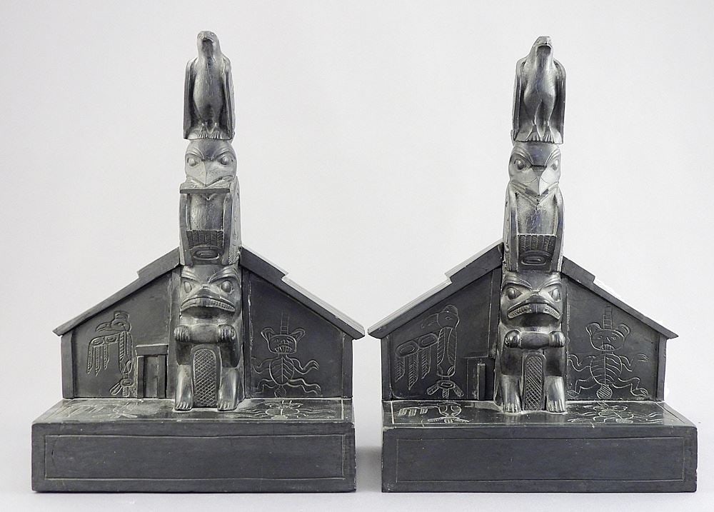 Pair of Argillite Bookends signed Rufus Moody & Fraser, 8 3/4 x 6 3/8 x 3 1/2".: Pair of Argillite Bookends signed Rufus Moody & Fraser, 8 3/4 x 6 3/8 x 3 1/2".