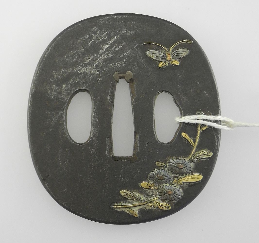 Japanese Edo Iron Tsuba w/Gold & Silver Features, 2 3/4 x 2 1/2", 90g (1 of 3)