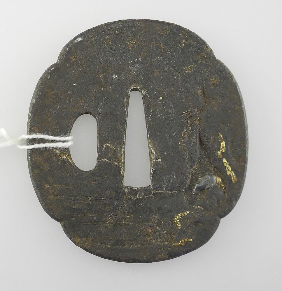 Japanese Edo Iron Tsuba w/Gold & Silver Features, 2 3/4 x 2 1/2", 70g (1 of 3)