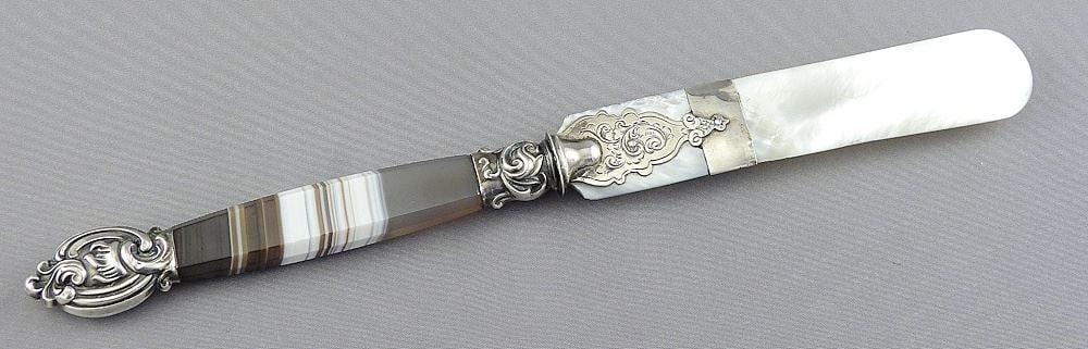 19th C. Scottish Banded Agate Gemstone, Sterling Silver & MOP Letter Opener, 8 3/4"L. (1 of 4)
