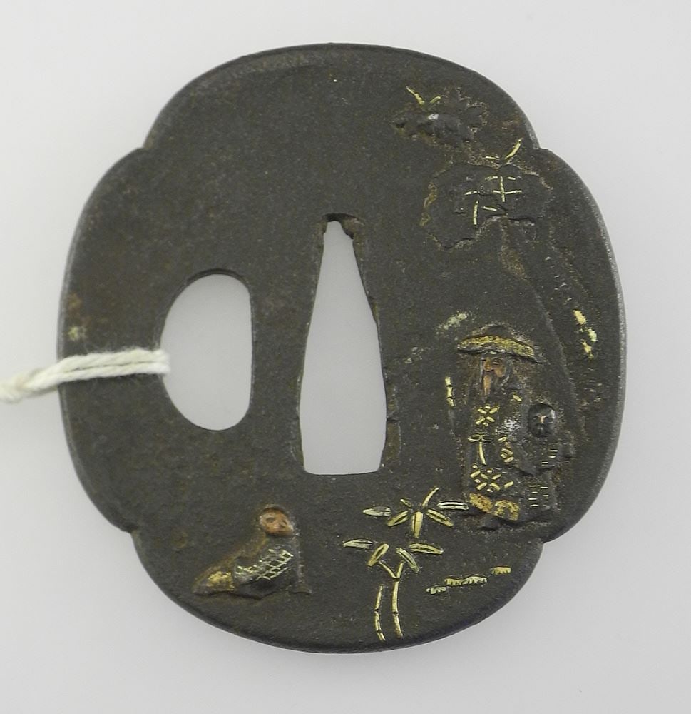 Japanese Edo Iron Tsuba w/Gold & Silver Features, 2 1/2 x 2 3/8", 69g (1 of 3)