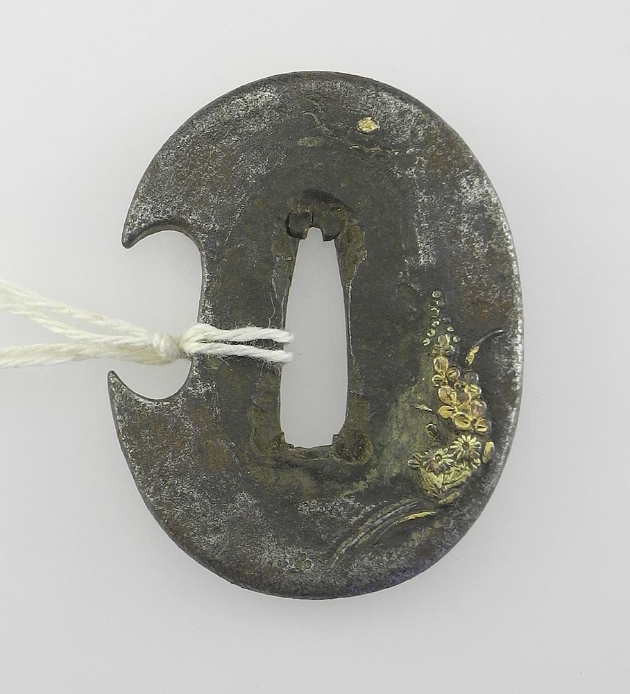 Japanese Edo Iron Tsuba w/Gold Features, 2 1/8 x 1 3/4", 43g. (1 of 3)