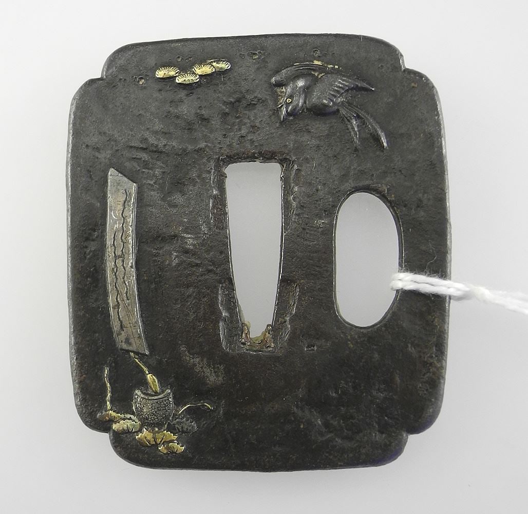 Japanese Edo Iron Tsuba w/Gold & Silver Features, 2 1/4 x 2", 63g. (1 of 3)