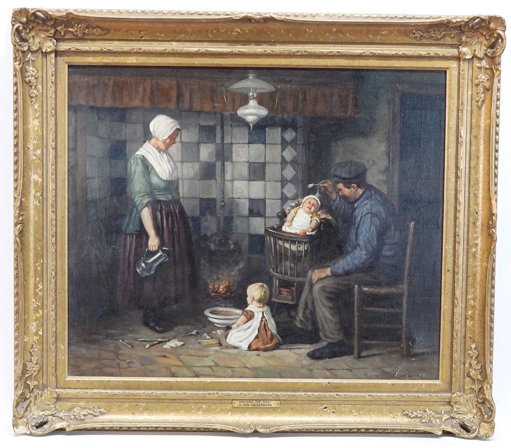 Oil on Canvas signed (Henrik) Van Valkenburg, 20 x 24", "Interior Scene w/Children". (1 of 12)