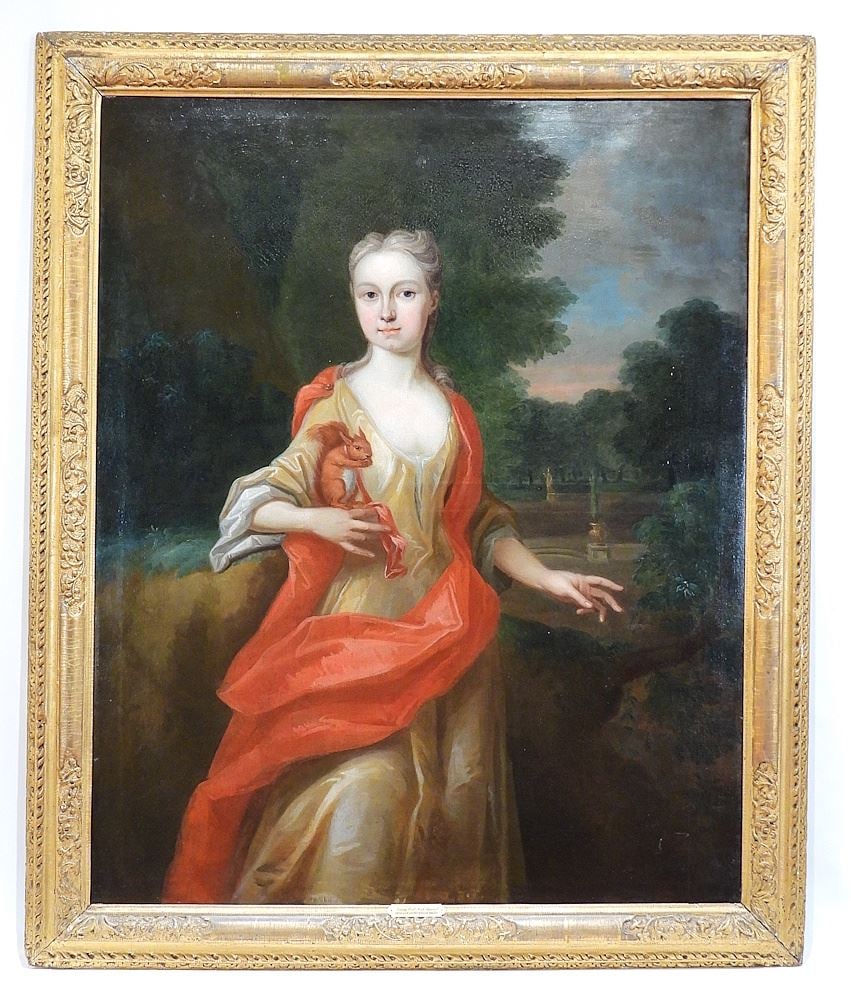 Oil on Canvas Circle of Sir Godfrey Kneller, 49 3/4 x 40 1/4", "Portrait of a Lady w/Squirrel". (1 of 11)