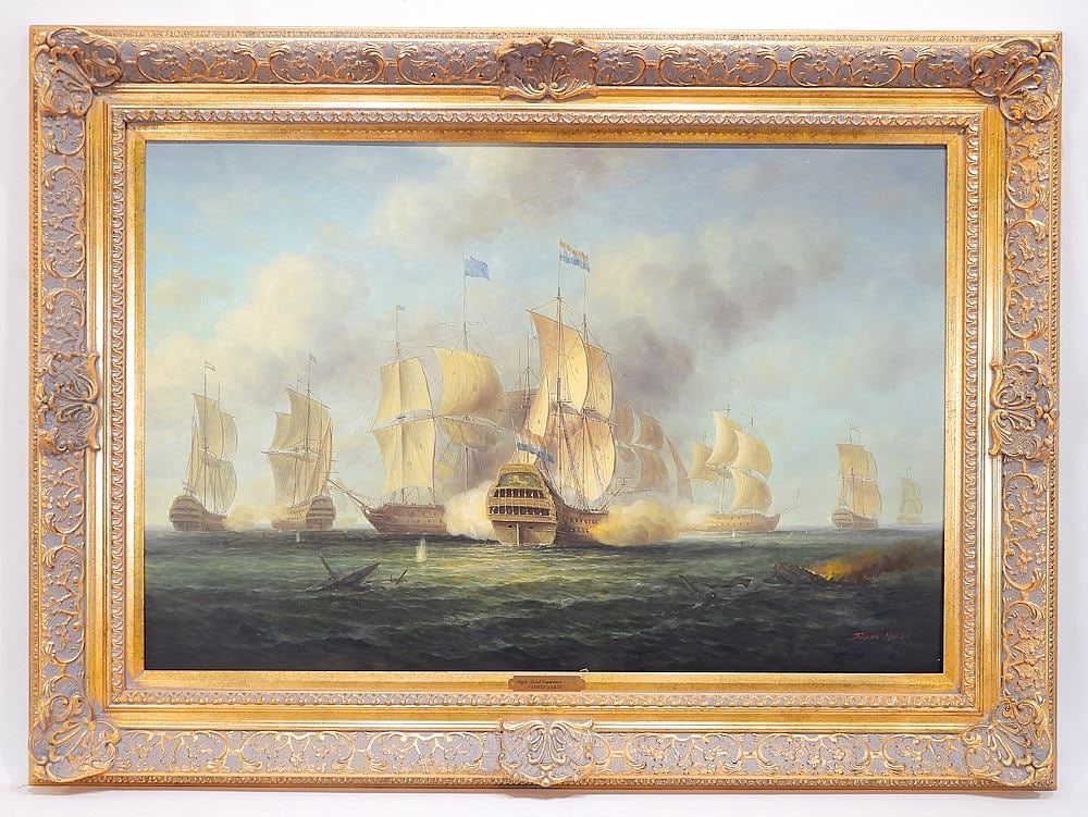 Oil on Panel signed (James) Janes Hardy, 24 x 36", "An Anglo-Dutch Engagement".: Oil on Panel signed (James) Janes Hardy, 24 x 36", "An Anglo-Dutch Engagement".