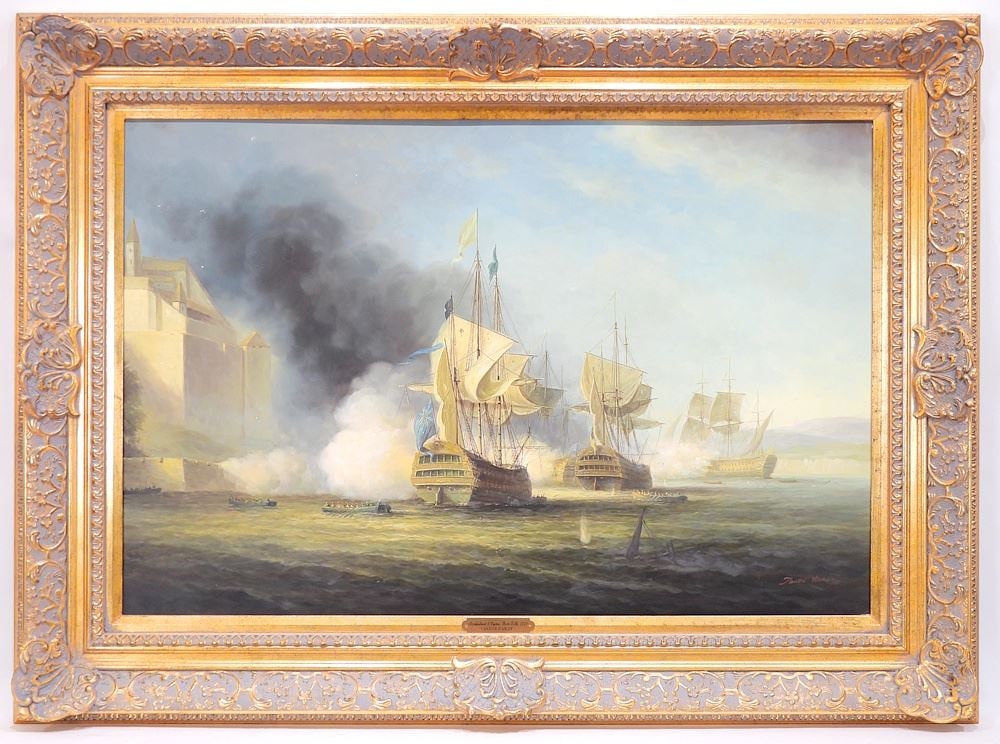 Oil on Panel signed (James) Janes Hardy, 24 x 36", "Capture of Porto Bello 1739".: Oil on Panel signed (James) Janes Hardy, 24 x 36", "Capture of Porto Bello 1739".