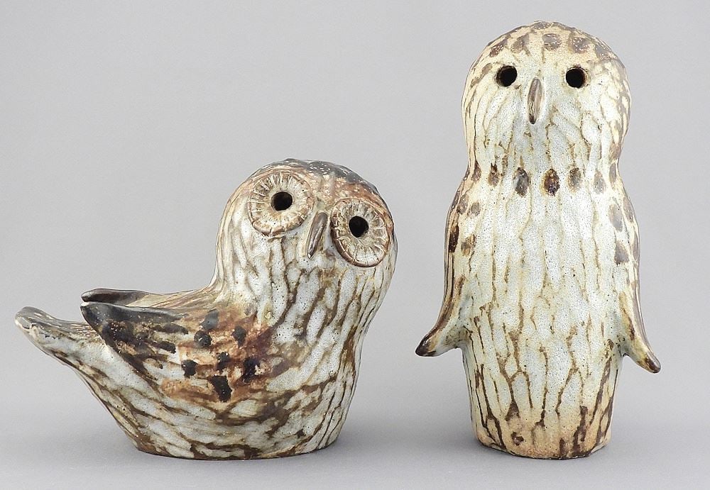 Two Stoneware Owls Monogrammed TK (Thomas Kakinuma), 5 1/4 & 8"h.: Two Stoneware Owls Monogrammed TK (Thomas Kakinuma), 5 1/4 & 8"h.