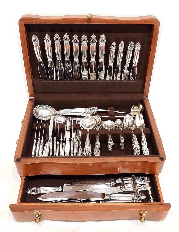 Set of Georg Jensen Denmark "Acorn" Sterling Silver Flatware, g.: Set of Georg Jensen Denmark "Acorn" Sterling Silver Flatware, g.