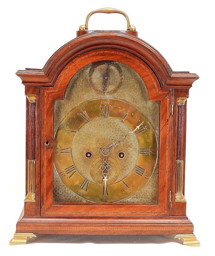 18th C. Mahogany Bracket Clock Thomas Green Liverpool Brass Face, 15 1/2 x 13 7/8 x 8". (1 of 8)