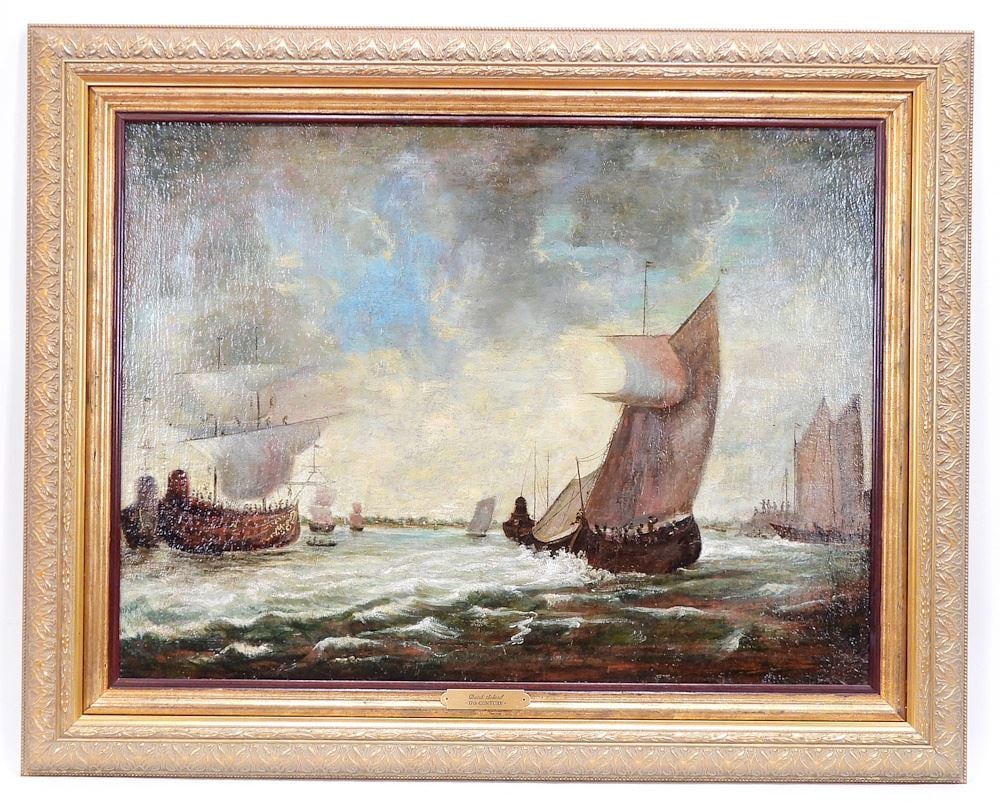 Dutch School Oil on Canvas Laid on Panel, 21 1/2 x 29 1/2", "Ships in Harbour".: Dutch School Oil on Canvas Laid on Panel, 21 1/2 x 29 1/2", "Ships in Harbour".