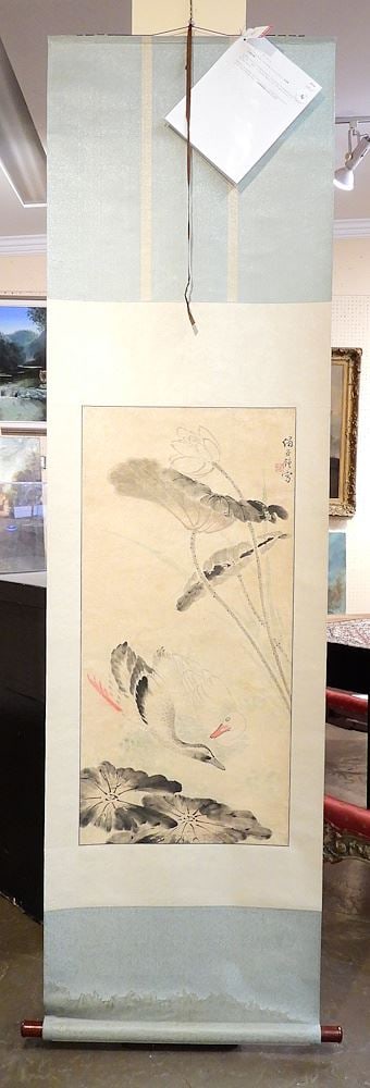 Chinese Ink & Colour Scroll by Sima (Xiu Gu) Zhong, 39 1/2 x 18 1/8", "Lotus & Ducks".: Chinese Ink & Colour Scroll by Sima (Xiu Gu) Zhong, 39 1/2 x 18 1/8", "Lotus & Ducks".