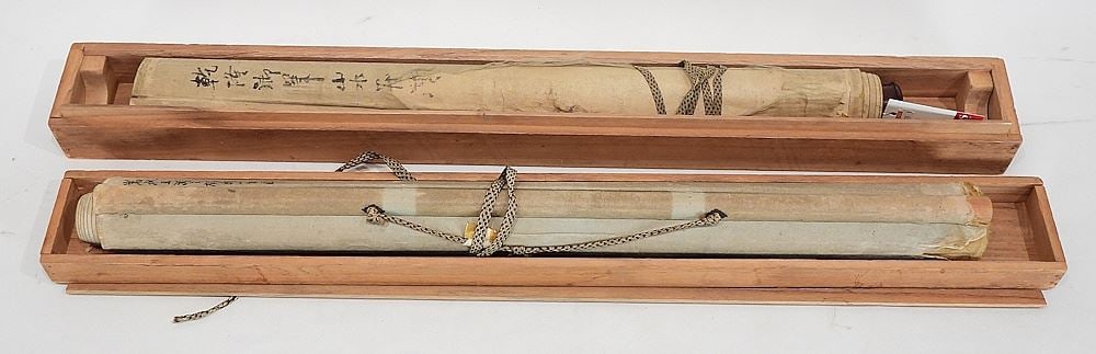 Two Antique Chinese Ink & Colour Scrolls, Sight 16 x 51" & 39 1/2 x 15 1/2" "Mountainous...". (1 of 9)