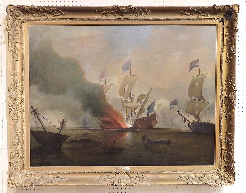 Oil on Canvas signed P. Monamy, 35 x 46 1/2", "Royal James at The Battle of Solebay 1672".: Oil on Canvas signed P. Monamy, 35 x 46 1/2", "Royal James at The Battle of Solebay 1672".