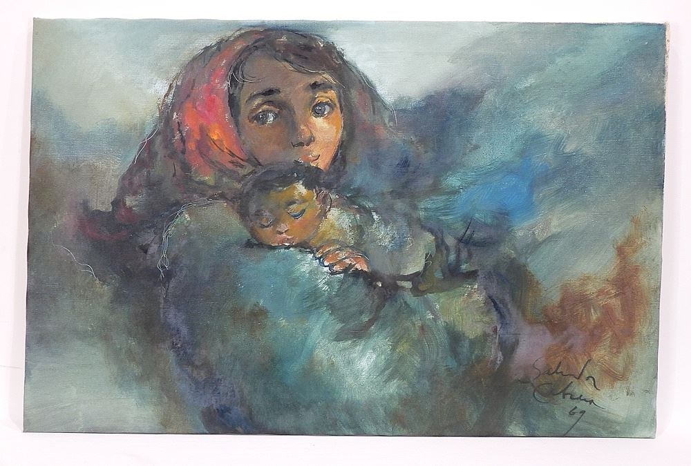Oil on Canvas signed Salvador Cabrera, 24 x 36" "Mother & Child in Blue".: Oil on Canvas signed Salvador Cabrera, 24 x 36" "Mother & Child in Blue".