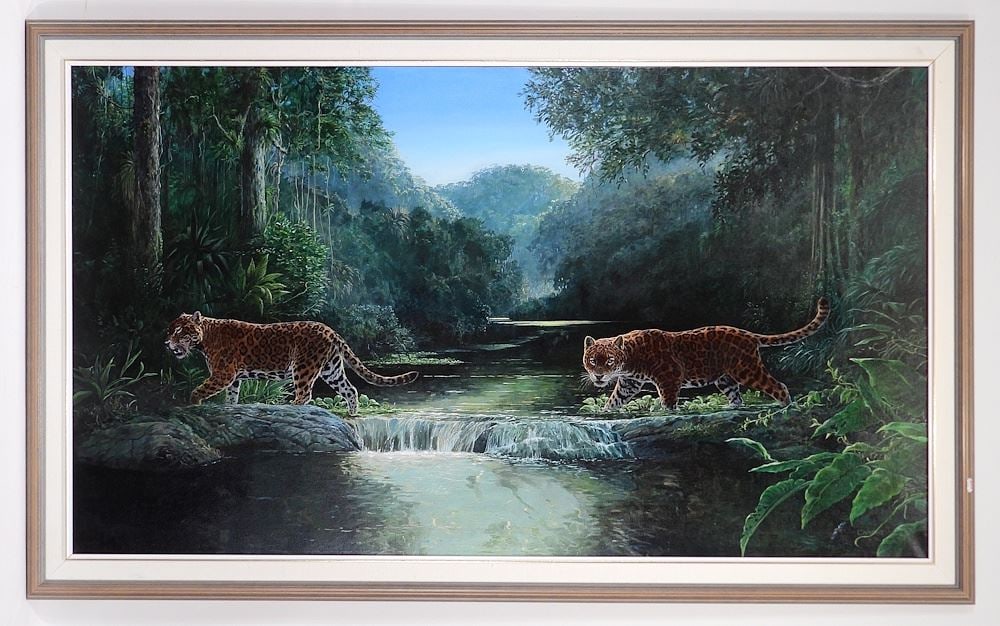 Acrylic on Canvas signed (Lissa) Calvert '96, 29 1/2 x 51 1/2", "Prowling Jaguars".: Acrylic on Canvas signed (Lissa) Calvert '96, 29 1/2 x 51 1/2", "Prowling Jaguars".