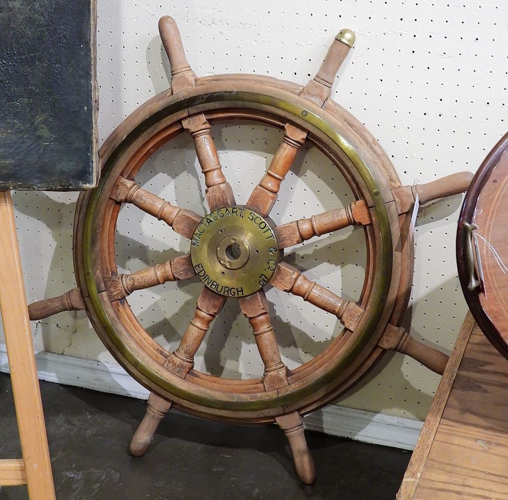 Mac Taggart Scott & Co. Ltd. Edinburgh Mahogany & Brass Ship's Wheel, 33 1/2" Diameter. (1 of 2)