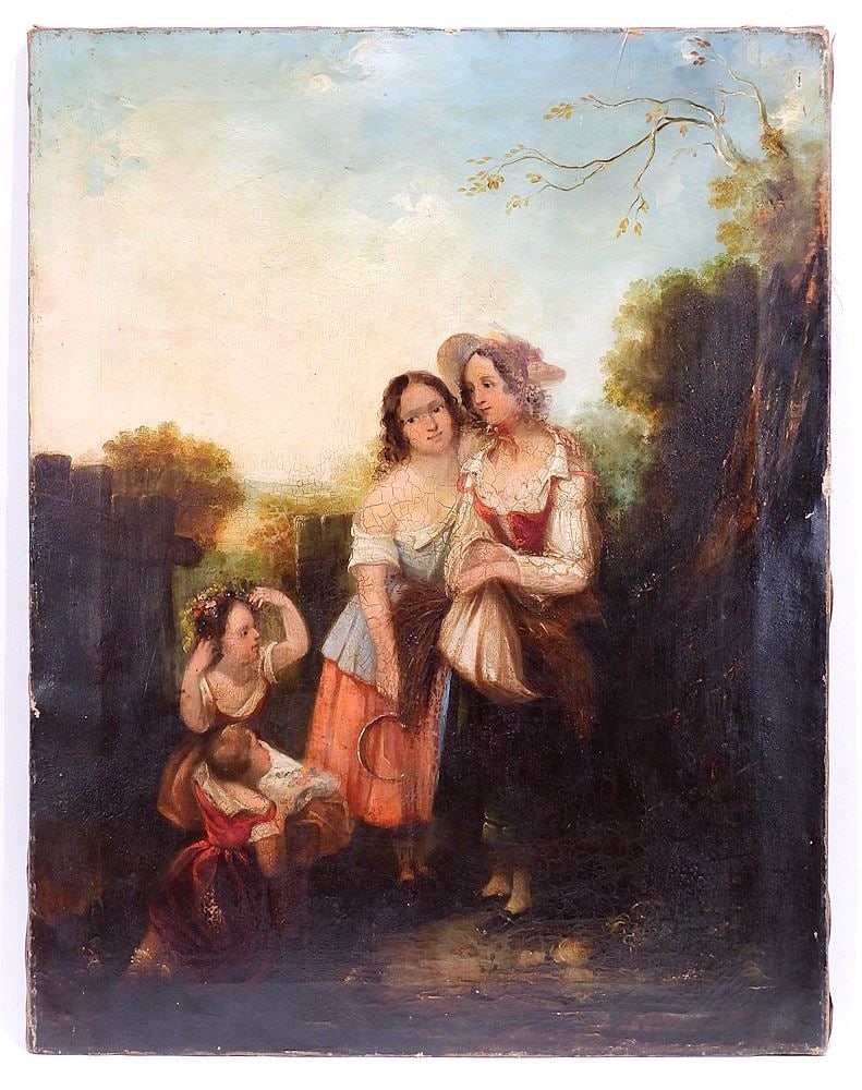 English School Oil in Canvas C.1851- 56, 36 x 28" "Decorating a Bonnet" (resto.& cond. noted). (1 of 14)