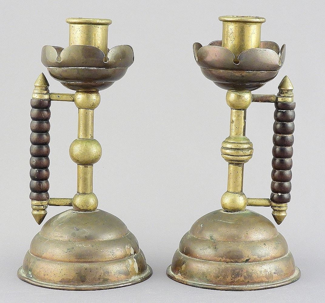 Near Pair of Copper & Brass Candlesticks Attributed to Christopher Dresser, 6 1/4 (1 of 8)