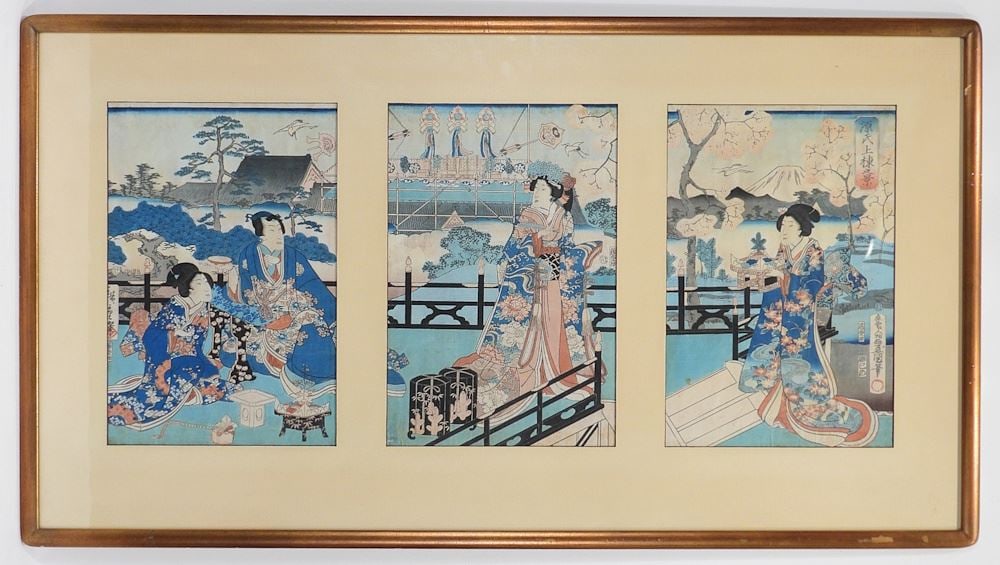 Woodblock Triptych by Utagawa Kunisada, each 14 x 9 3/8" "Figures Outdoors w/Food". (1 of 10)