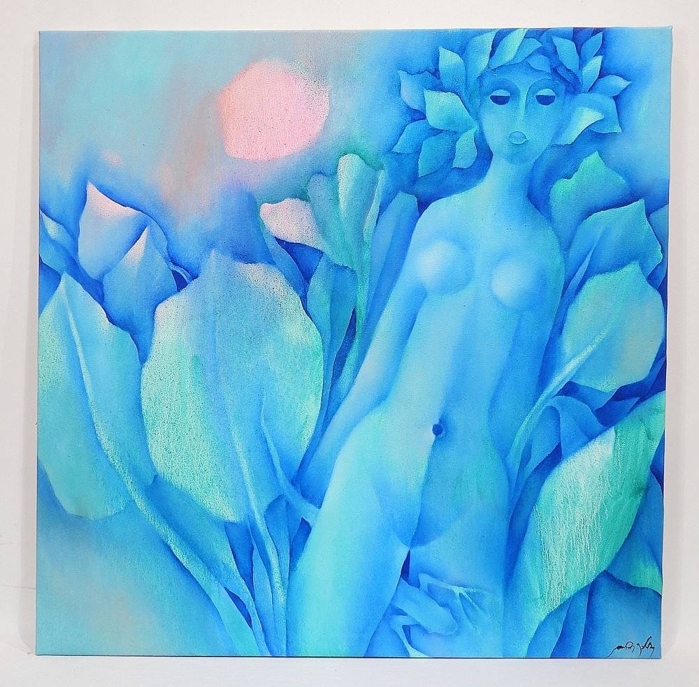 Oil on Canvas signed Anand Panin, 35 x 35" "Lady w/Lizard & Pink Sun".: Oil on Canvas signed Anand Panin, 35 x 35" "Lady w/Lizard & Pink Sun".