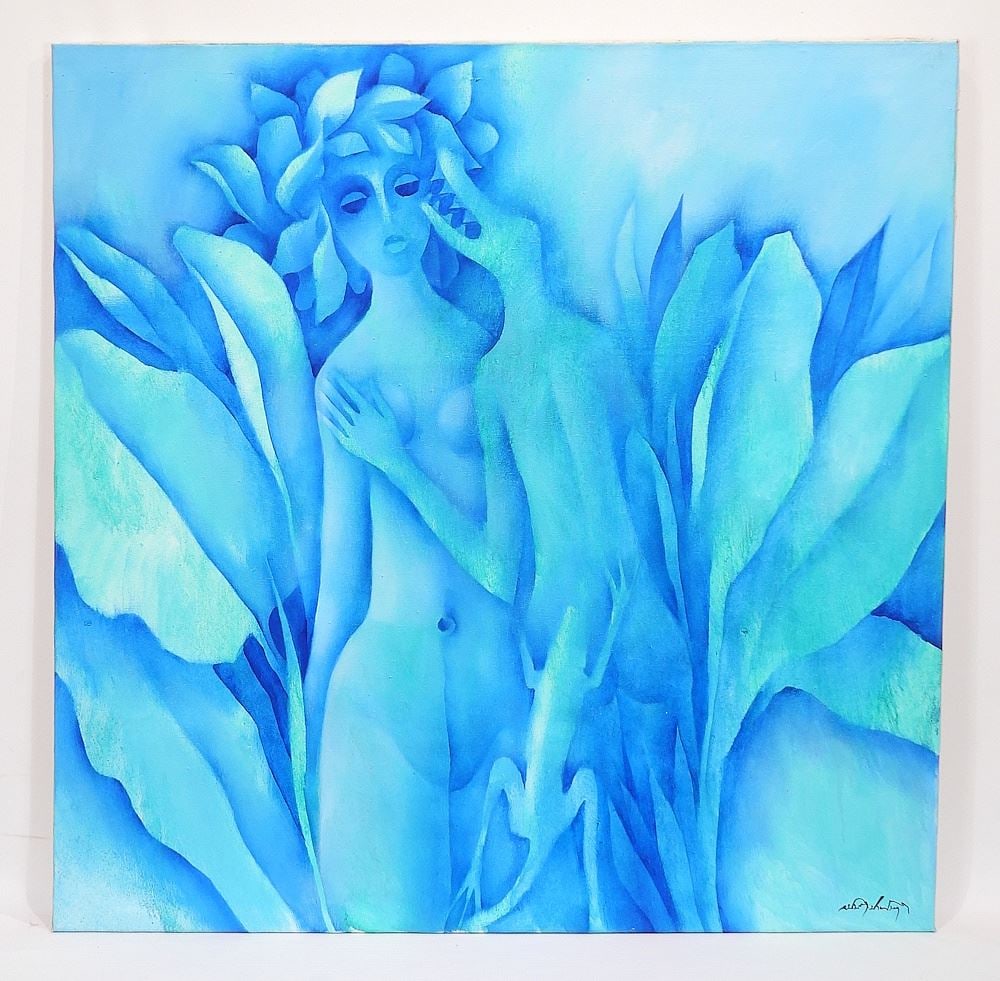 Oil on Canvas signed Anand Panin, 36 x 35 1/2" "Lady w/Lizard".: Oil on Canvas signed Anand Panin, 36 x 35 1/2" "Lady w/Lizard".