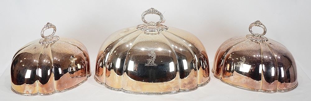Suite of Three Silver Plated Table Cloches w/Crests, Larger 11 x 18 x 13 3/4".: Suite of Three Silver Plated Table Cloches w/Crests, Larger 11 x 18 x 13 3/4".