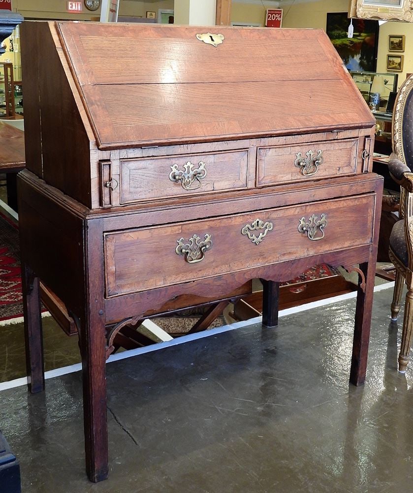 Late 18th C. English Oak Bureau on Stand, Acquired Pacific Antiques, 41"h.: Late 18th C. English Oak Bureau on Stand, Acquired Pacific Antiques, 41"h.