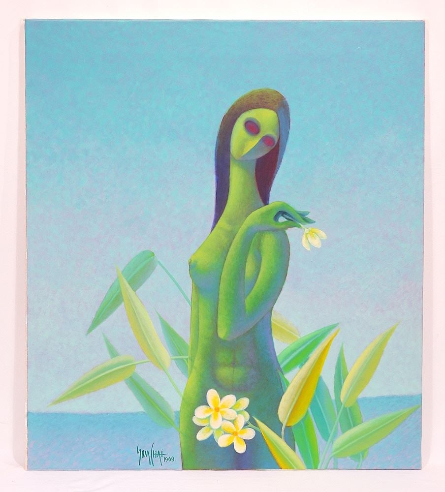 Oil on Canvas signed Somchai (Hattakitkosol) 1969, 32 x 28 1/4" "Green Lady w/Flower".: Oil on Canvas signed Somchai (Hattakitkosol) 1969, 32 x 28 1/4" "Green Lady w/Flower".