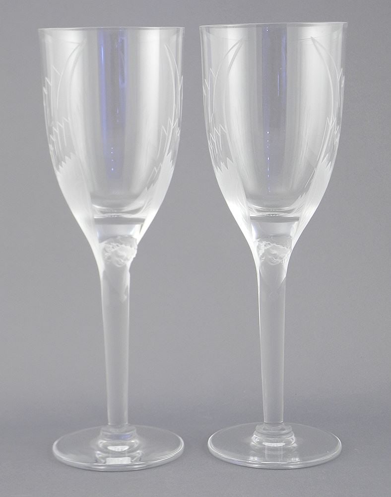 Pair of Lalique France "Ange" Champagne Flutes, 8 1/8"h.: Pair of Lalique France "Ange" Champagne Flutes, 8 1/8"h.