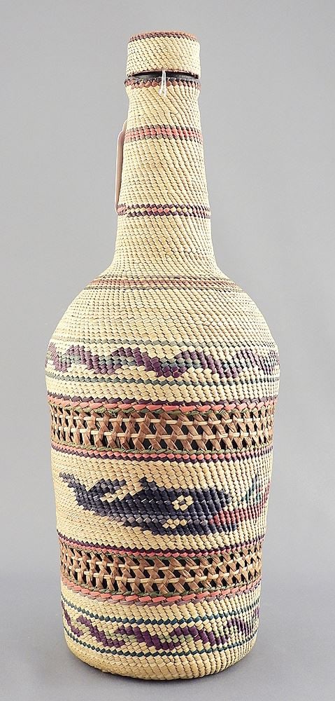 Nuu-Chah-Nulth Basketry Wrapped "Whale Swallowing Canoe" Bottle, 11 3/8"h. (1 of 6)