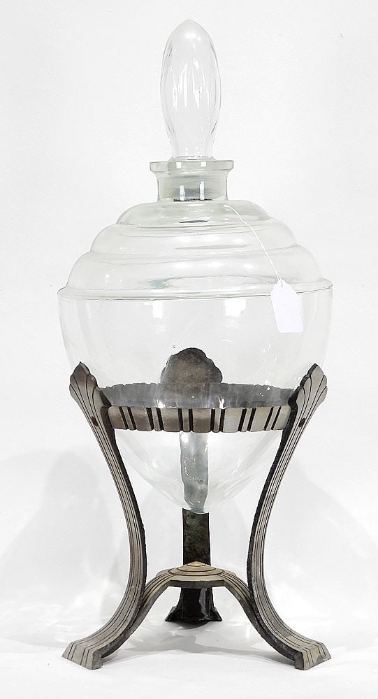Art Deco Glass Apothecary Jar on Aluminum Base, 23"h.: Art Deco Glass Apothecary Jar on Aluminum Base, 23"h.