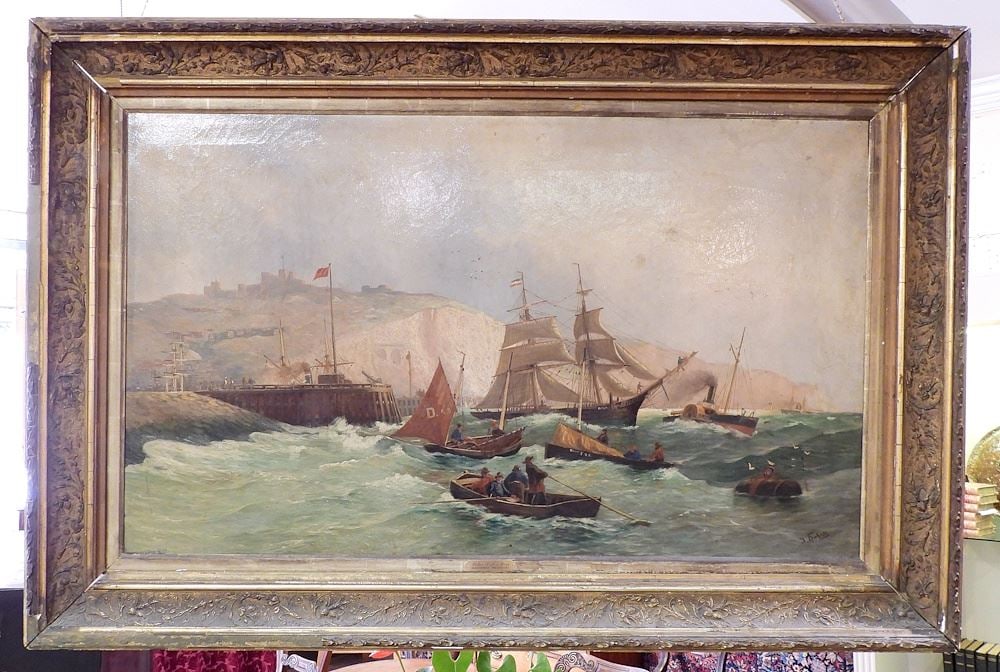 Oil on Canvas signed (Johannes) J. Bohrdt, 30 x 50", "Congestion- Harbour Mouth at Dover". (1 of 6)