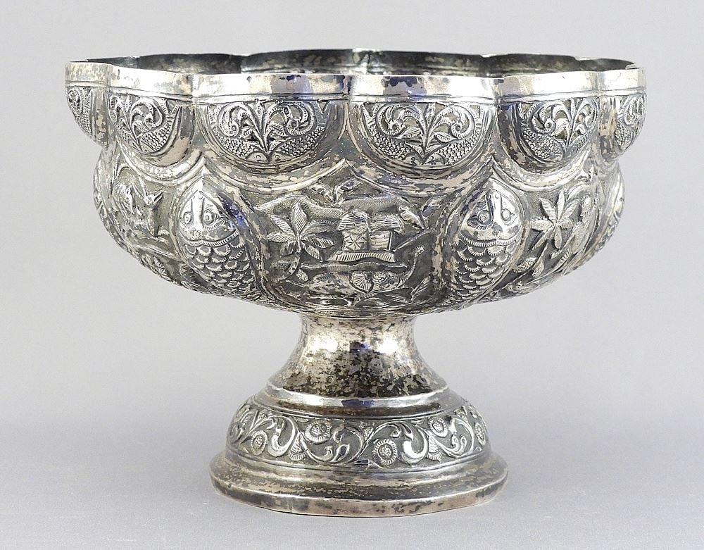 Indo-Persian Unmarked Embossed Silver Footed Bowl, 5 x 6 3/4" Diam. , 280g.: Indo-Persian Unmarked Embossed Silver Footed Bowl, 5 x 6 3/4" Diam. , 280g.