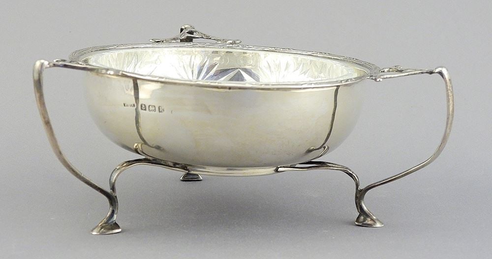 Hallmarked Silver Footed Bowl w/ Crystal Liner: WGK-Sheffield, 2 3/8" h, 87g.: Hallmarked Silver Footed Bowl w/ Crystal Liner: WGK-Sheffield, 2 3/8" h, 87g.
