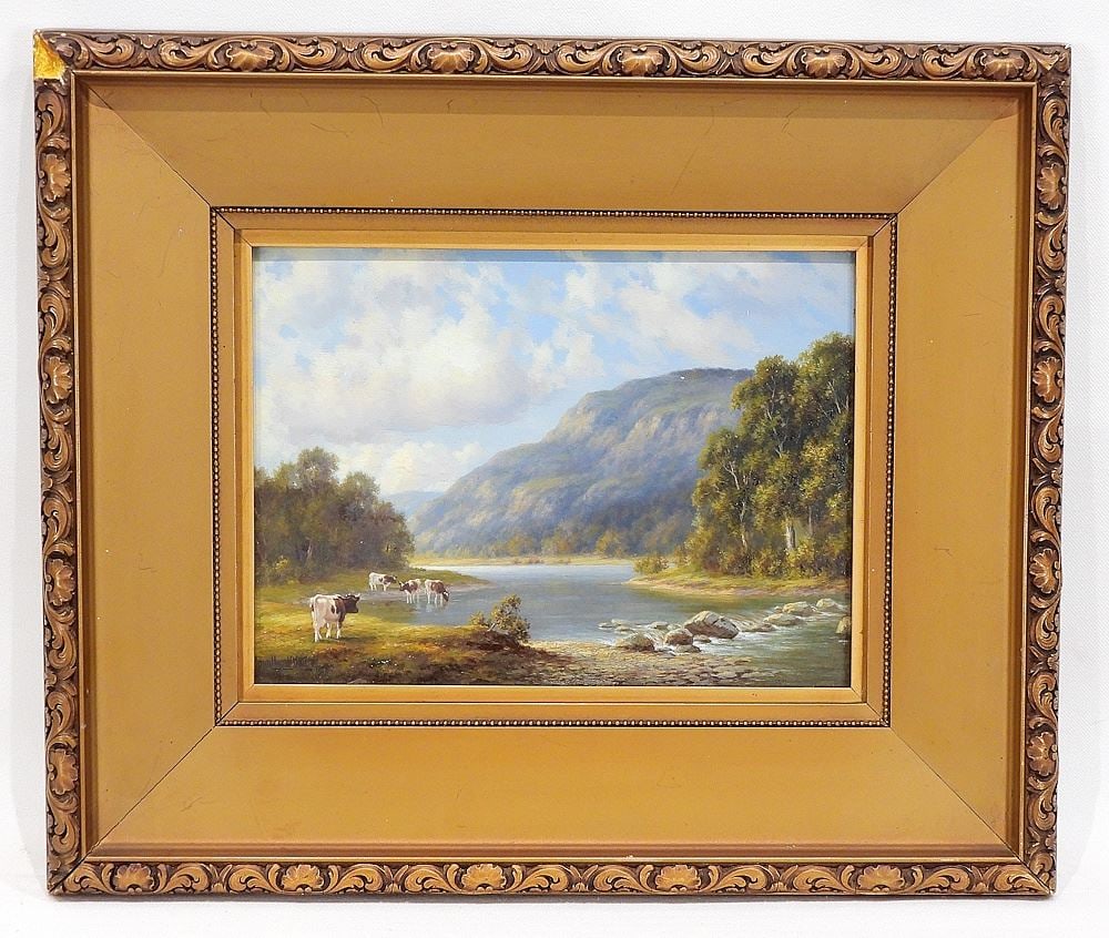 Oil on Board signed Henry Harold Vickers 1917, 6 3/4 x 9 1/4", "Cows Watering". (1 of 7)