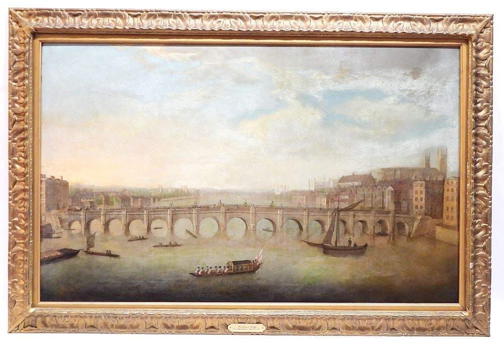 19th C. Oil on Canvas After Canaletto, 25 1/2 x 40 1/8", "View of The Thames-Westminster. (1 of 12)