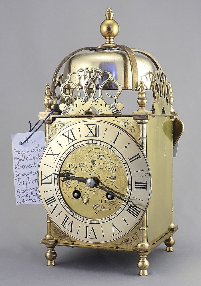 Late 19th C. French Brass Lantern Clock w/Japy Freres Movement, 10 7/8 "h. (1 of 7)
