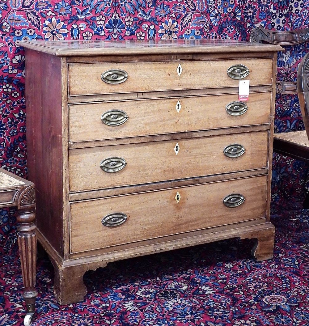 19th C. English Mahogany Chest of Four Drawers, 31 3/4 x 32 3/4 x 18 1/4". (1 of 2)