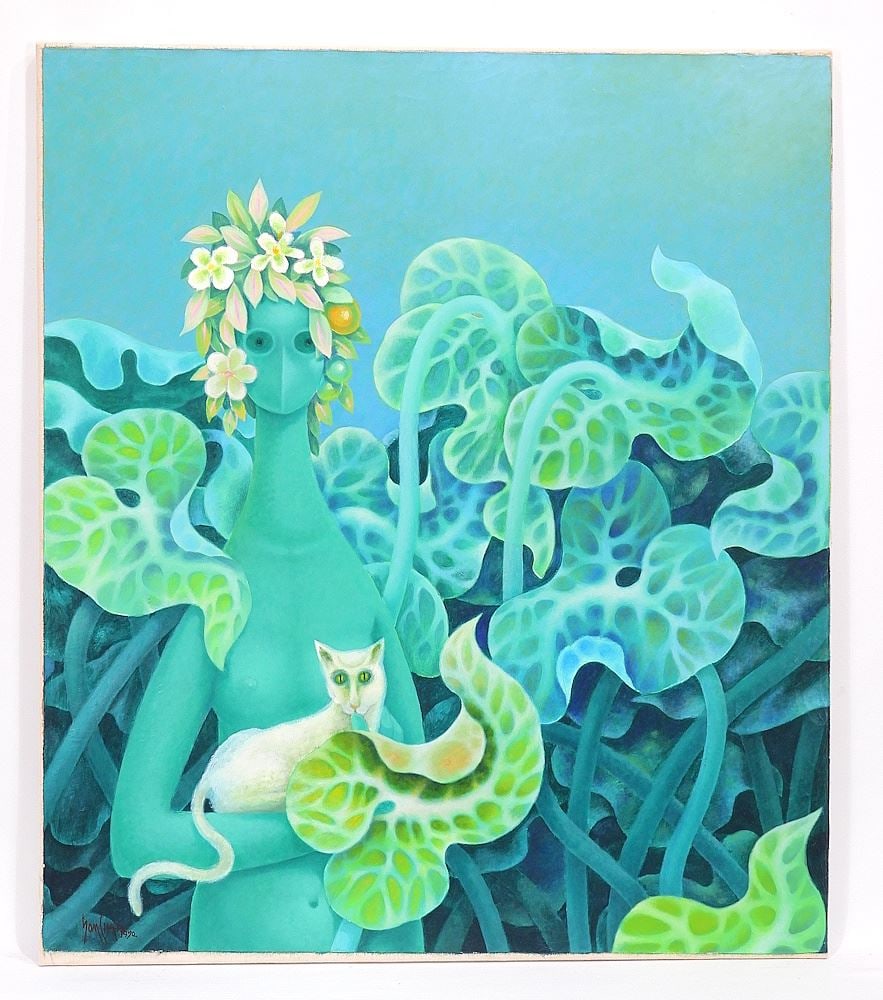 Oil on Canvas signed Somchai (Hattakitkosol) 1970, 32 x 28" "Lady w/Cat". (1 of 9)