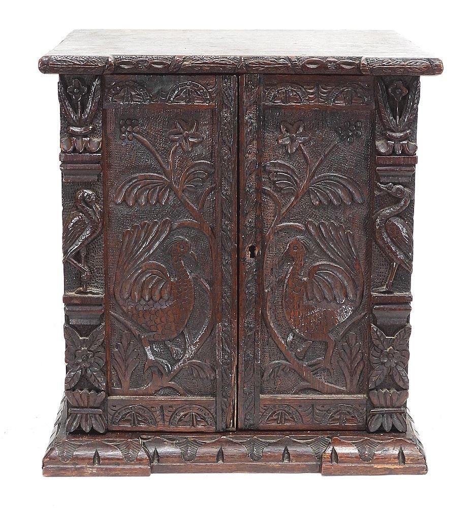 19th C. Carved Oak Table Cabinet, 14 1/2 x 13 1/2 x 10 5/8". (1 of 5)